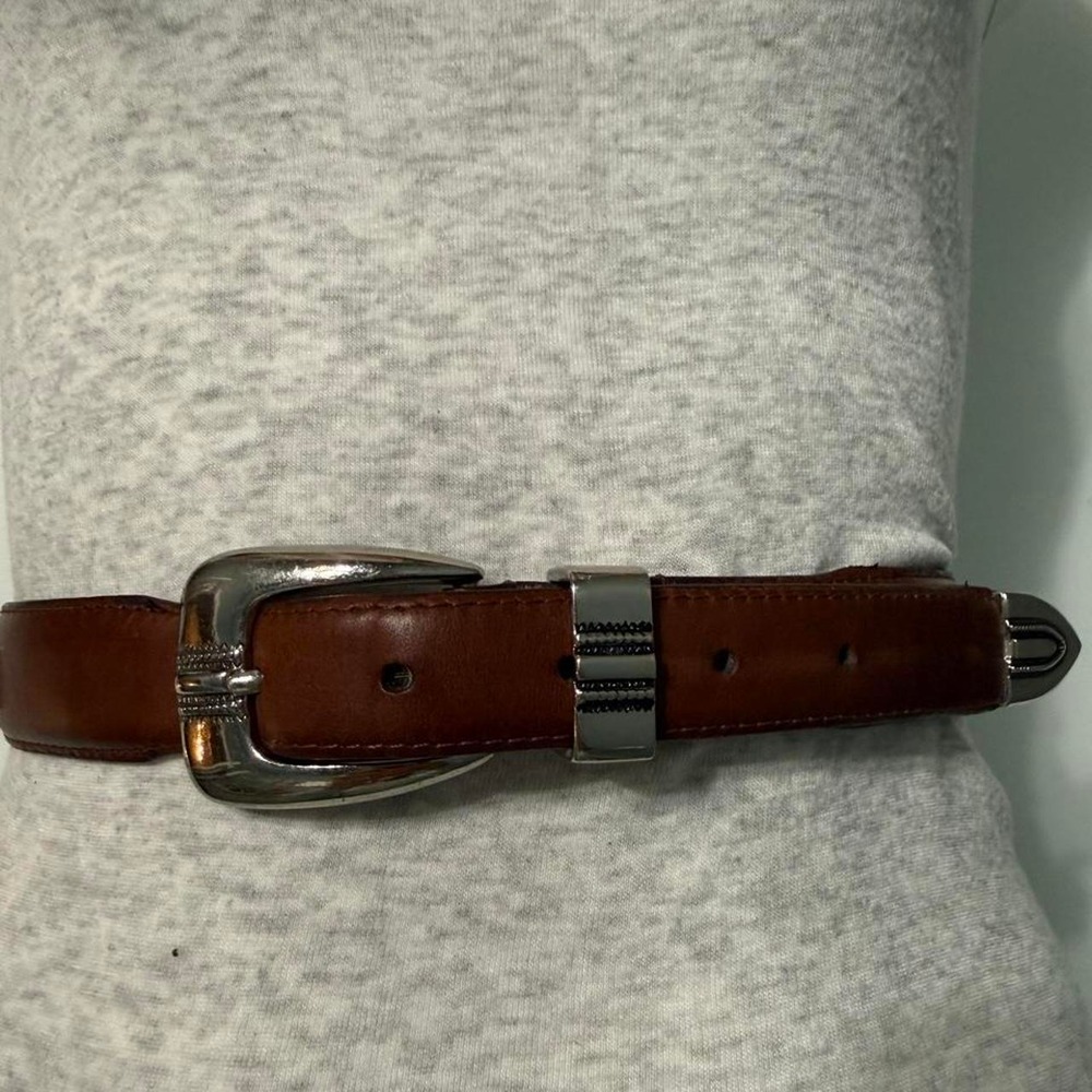 Brown leather belt with silver medallions and buckle 42"